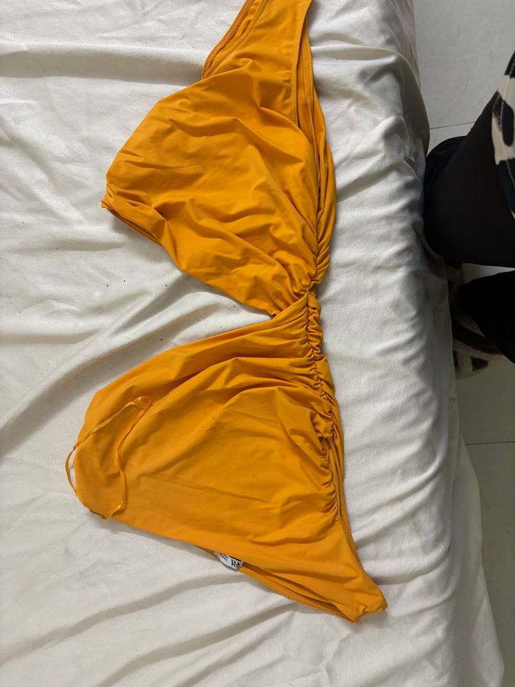 Mustard Yellow Ruched Bikini Bodysuit