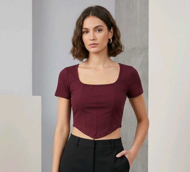 Burgundy Ribbed Corset Crop Top