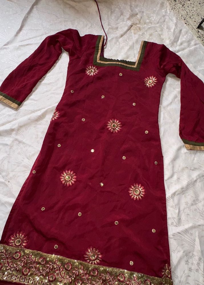 Maroon Embroidered Kurta