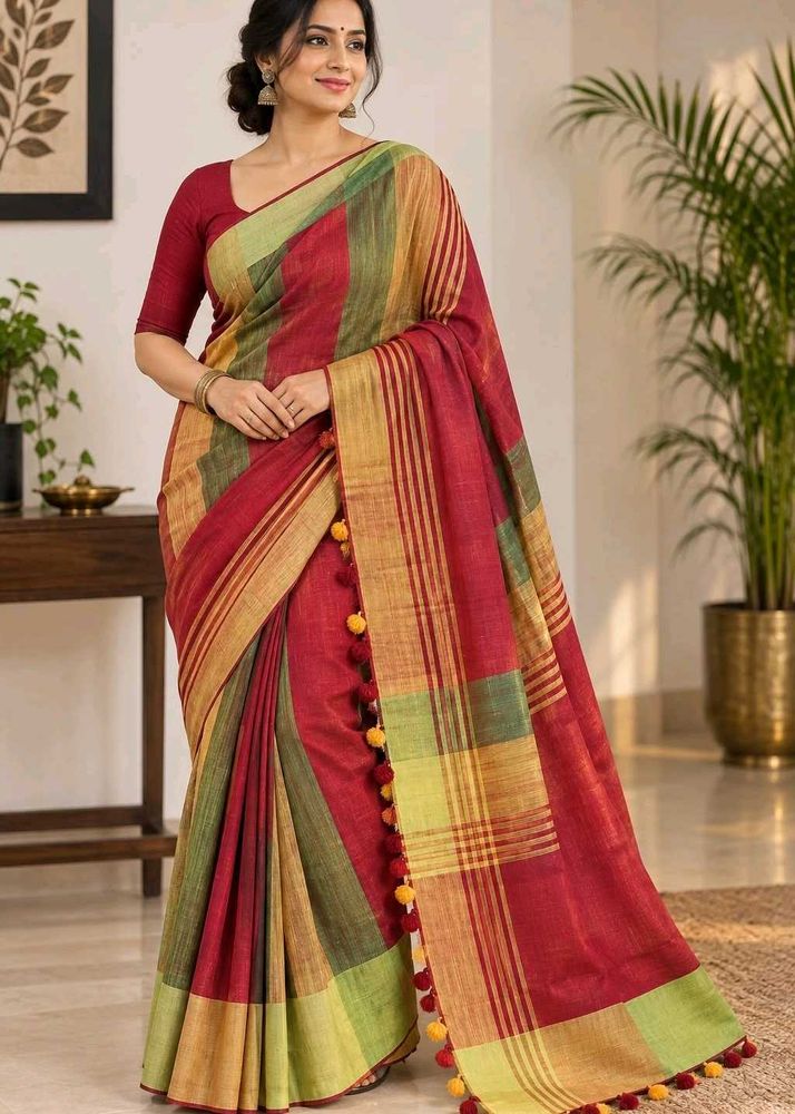 Beautiful Striped Saree with Tassels, Cotton sare