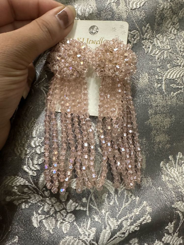 Beaded Baby Pink Tassel Earrings