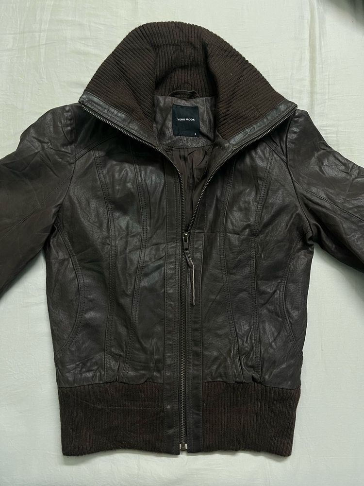 Vero Moda Fitted Brown Leather Bomber Jacket