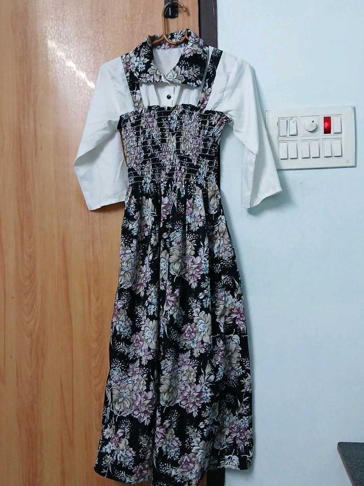 Floral Print Midi Dress with attached White Shirt