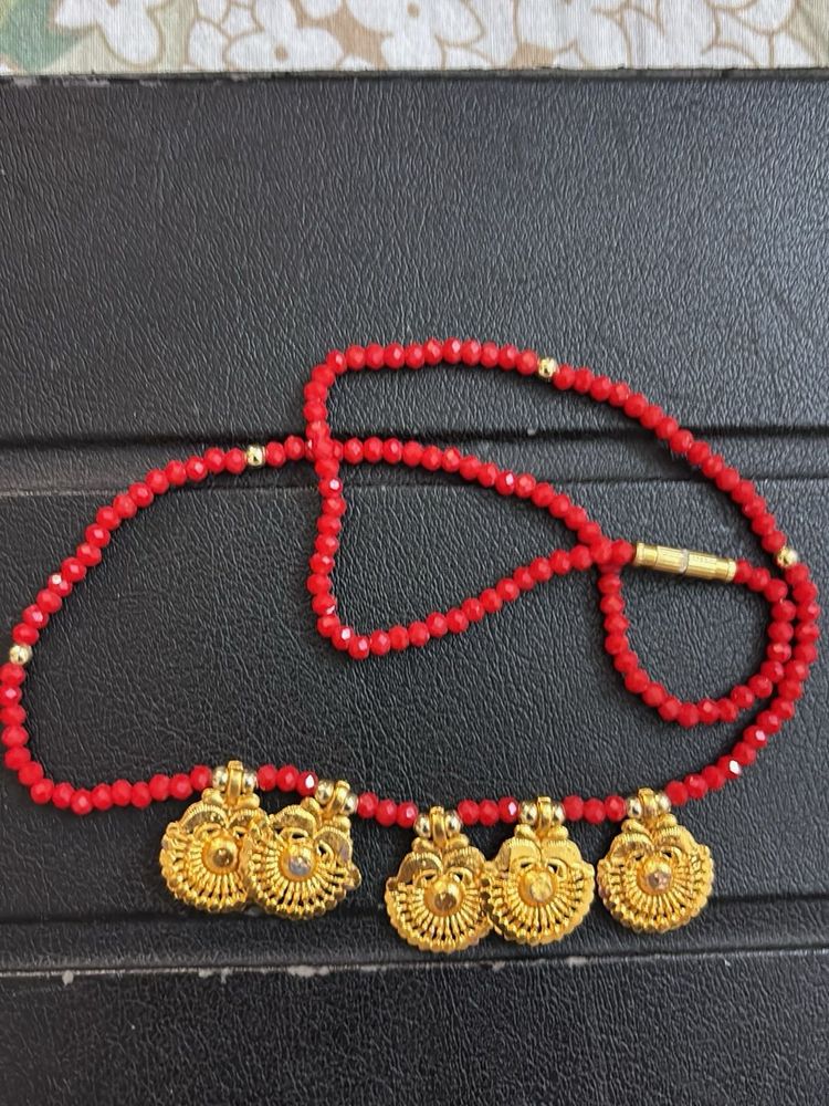 Red Beaded Necklace with Gold Pendants