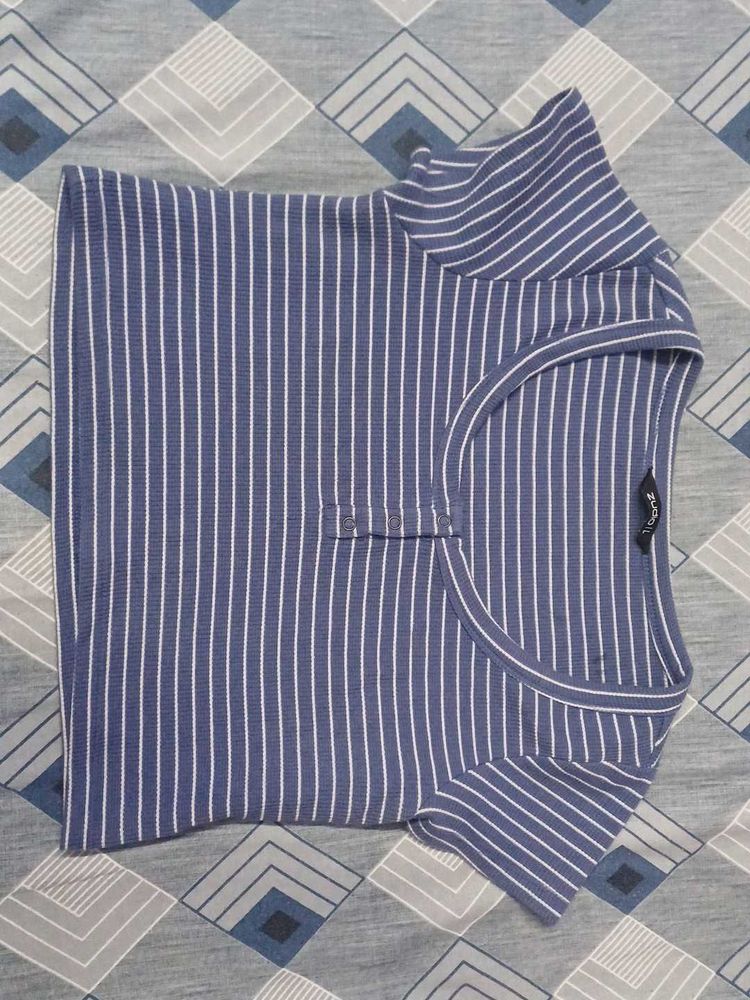 Blue &amp; White Striped Cropped Tee
