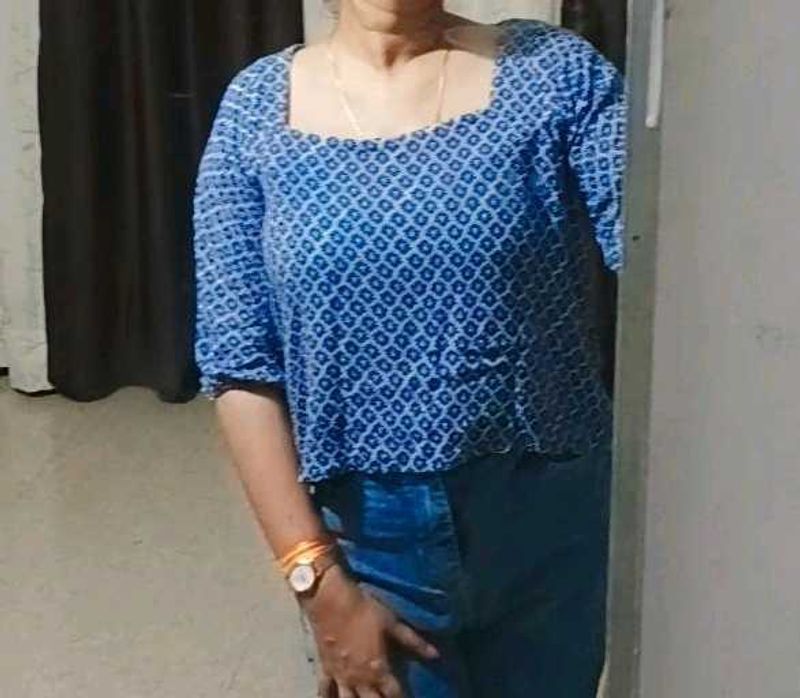 Blue Geometric Print Square Neck Top