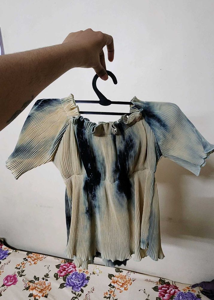 Pleated Tie-Dye Off-Shoulder Top