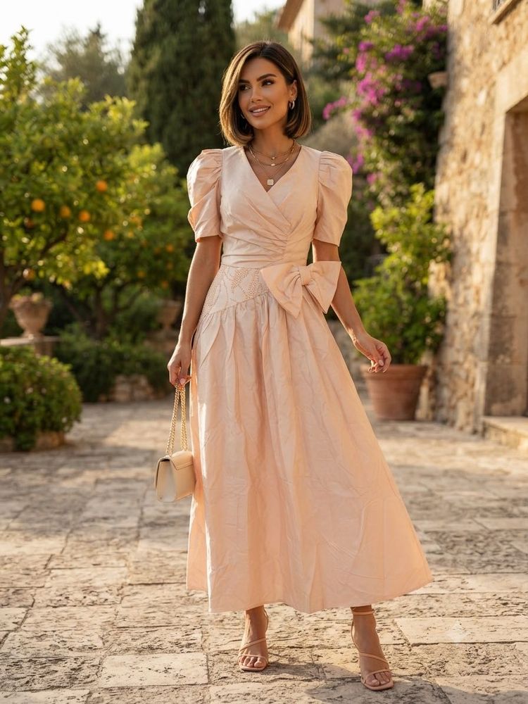 Pintresty Elegant Pink Puff Sleeve Bow Dress