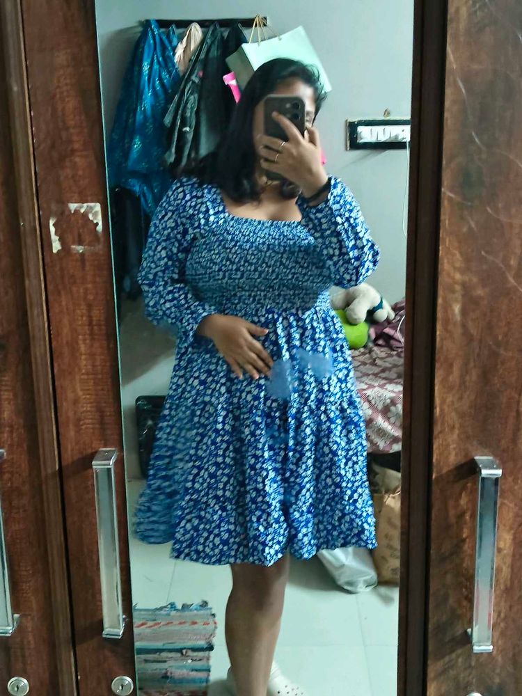 Blue Floral Smocked Square Neck Dress