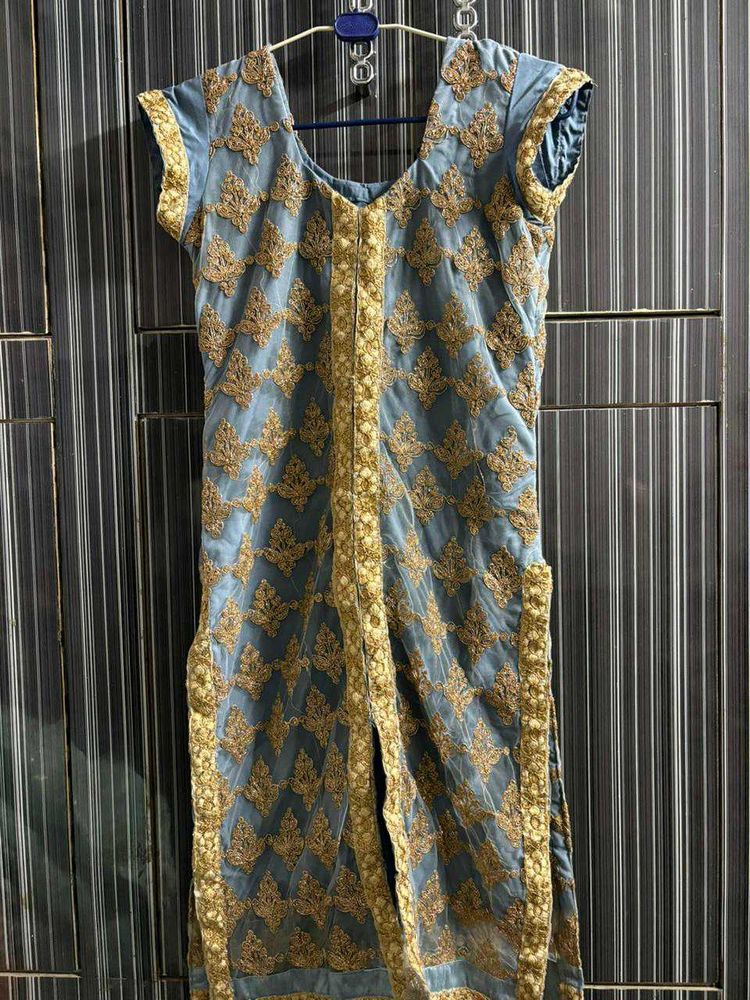 Blue &amp; Gold Embroidered Kurti