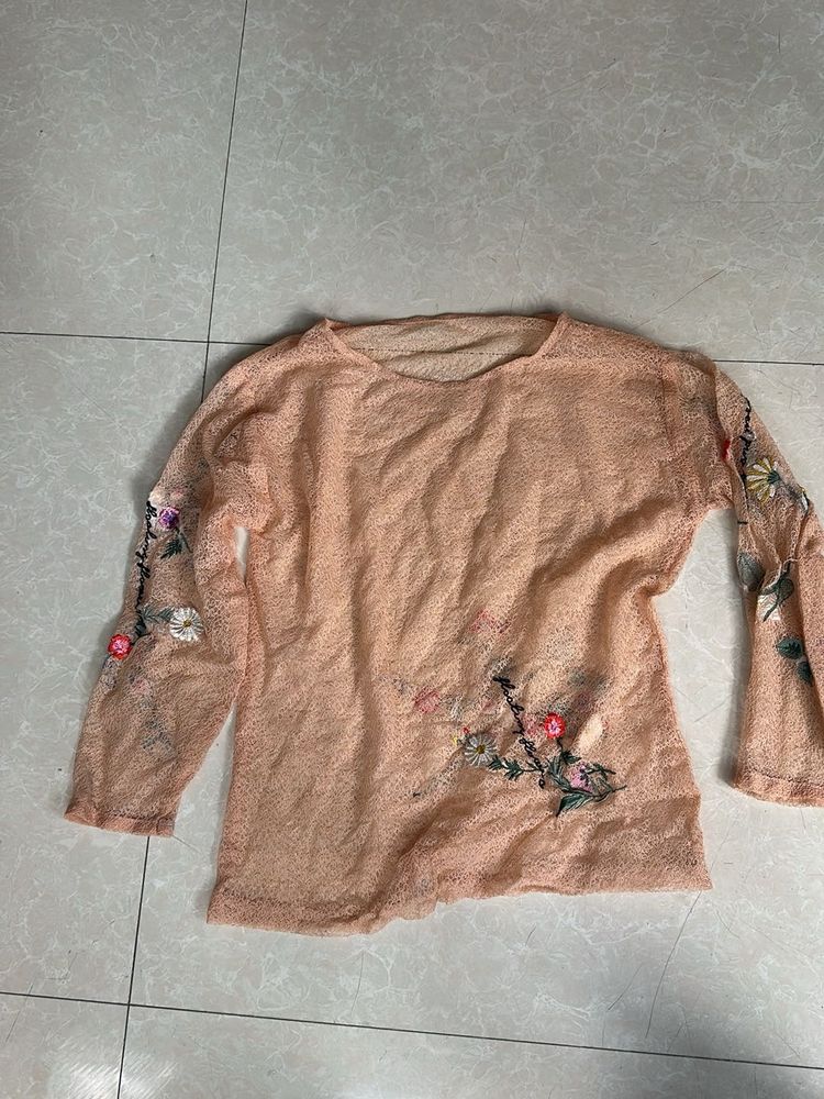 Embroidered Sheer Mesh Top