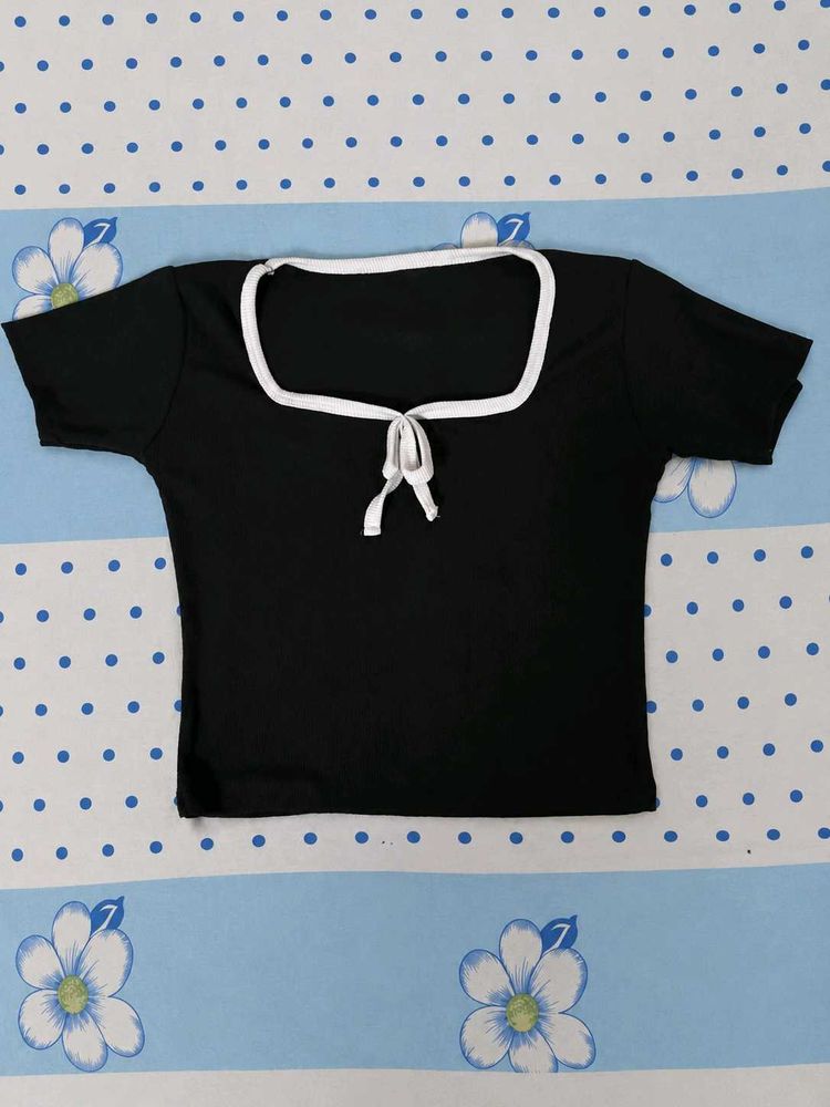 Chic Black Square Neck Top with Tie Detail