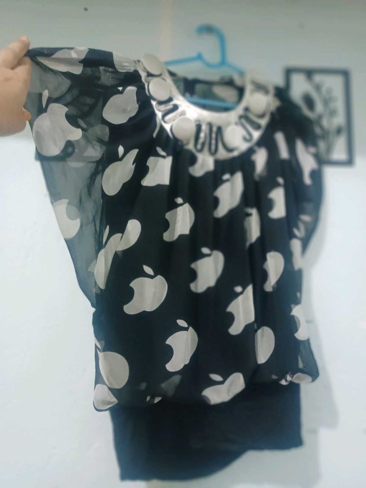 Stylish Black Apple Print Top
