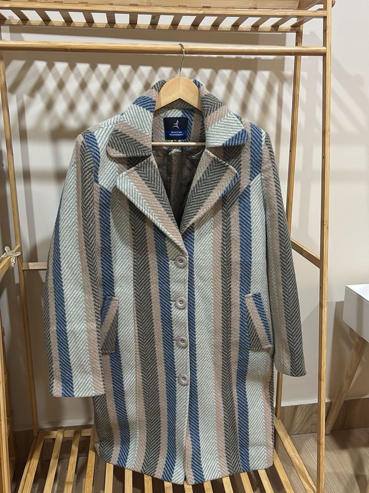 Stylish Striped Wool Blend Coat