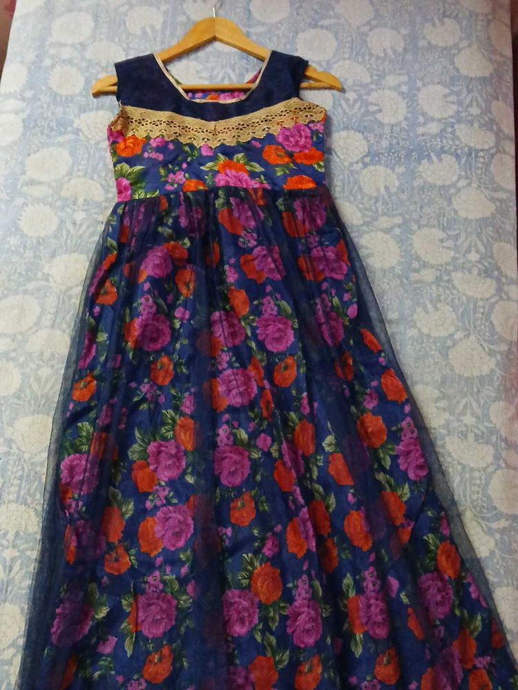 Navy Floral Print Anarkali