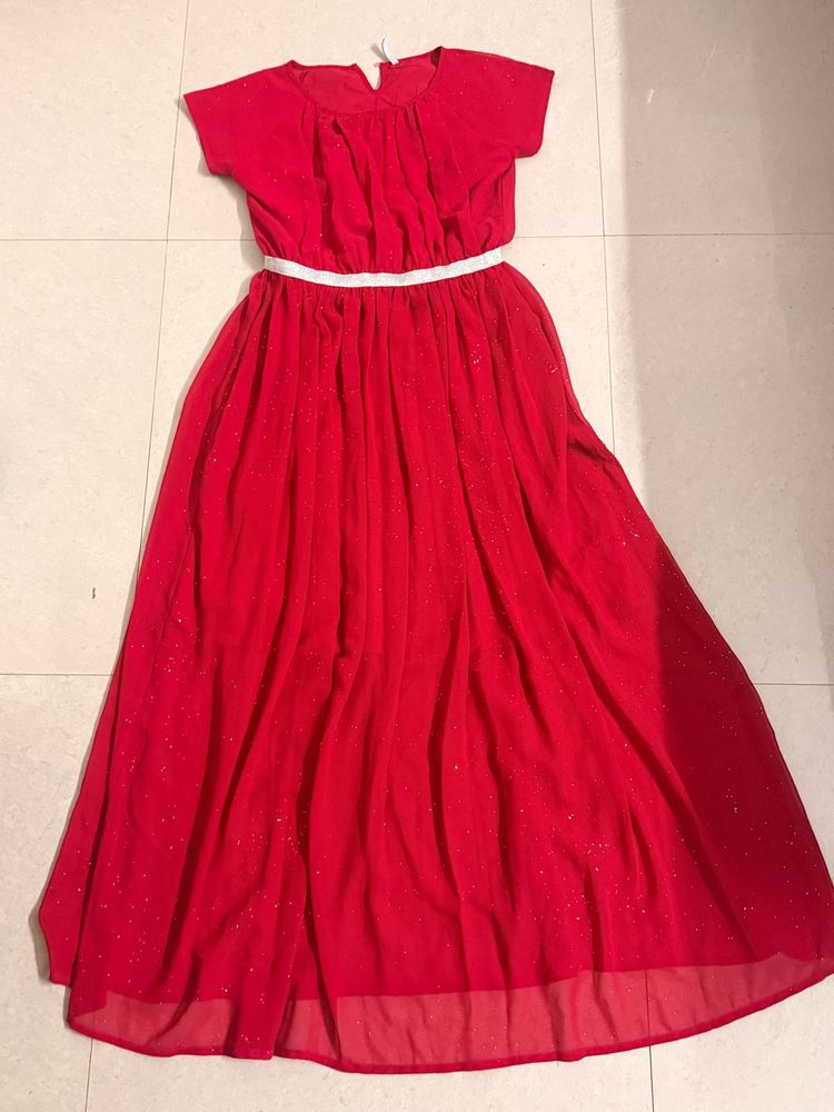 Red Glittery Flared Party Dress