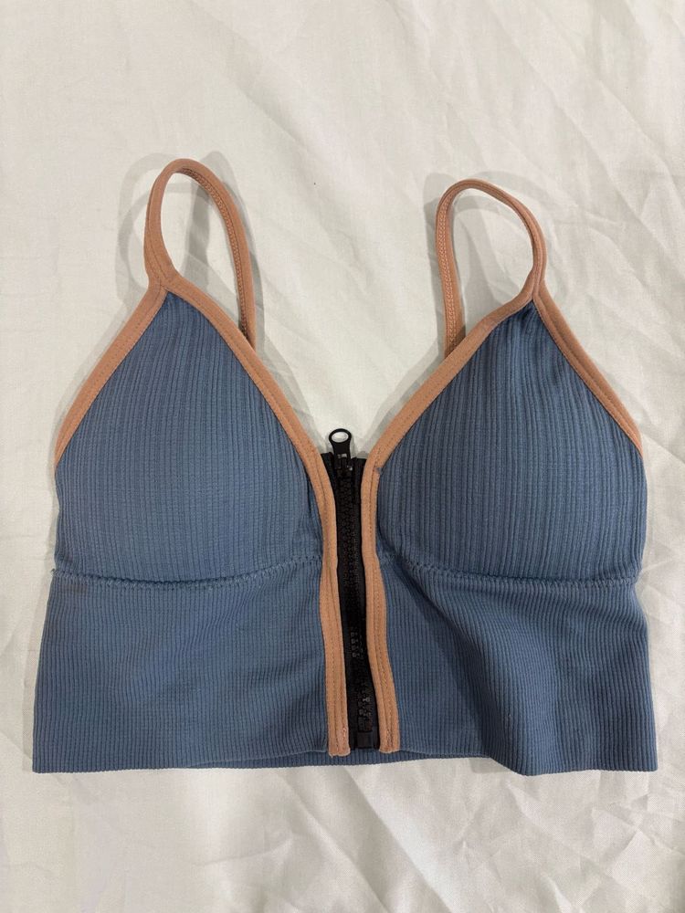 Blue Sports Bra with Front Zipper