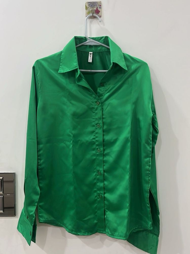 Vibrant Green Satin Button-Up Shirt