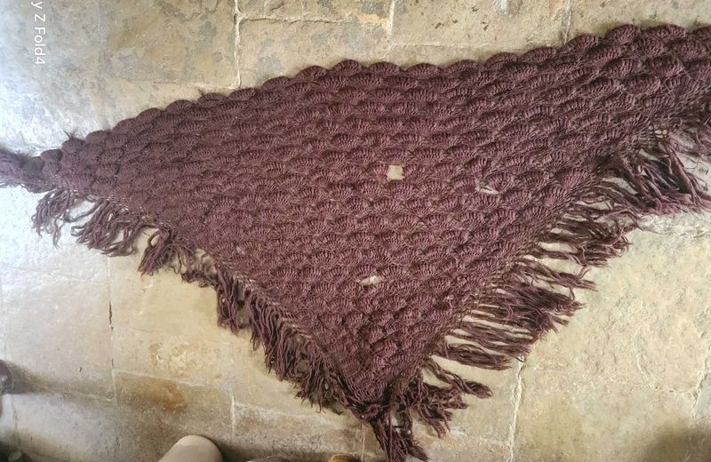 Poncho Style Knitted Scarf with Fringe