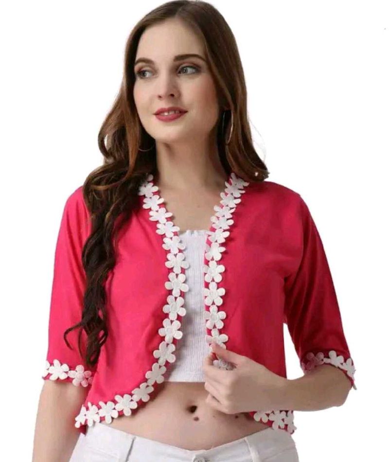 Stylish Pink Shrug with Floral Trim