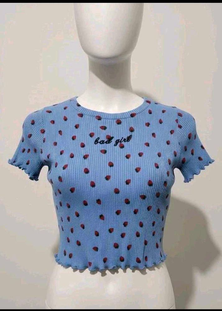 Baby Blue Ribbed Strawberry Top (Women's)
