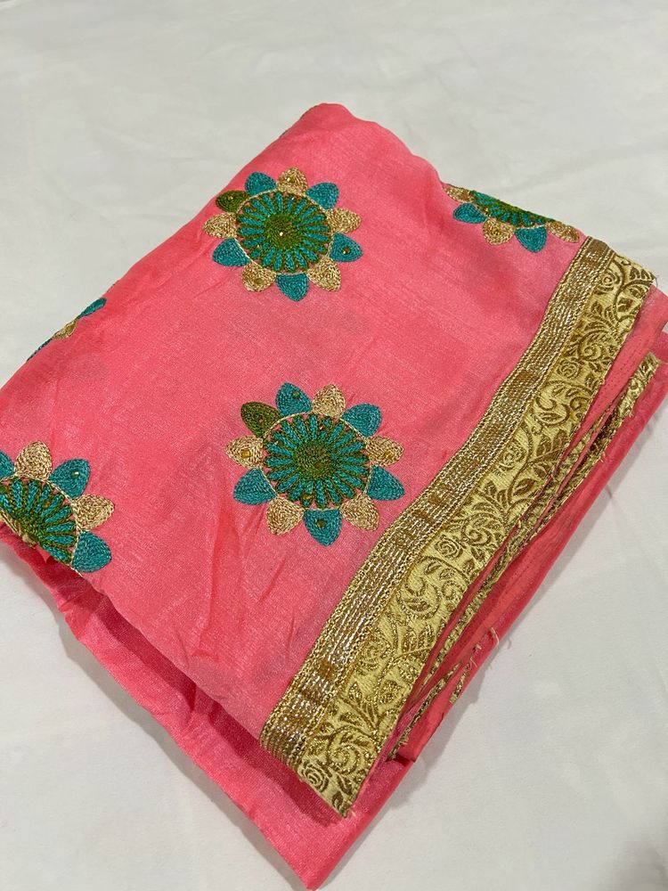 Pink Embroidered Saree with Gold Border