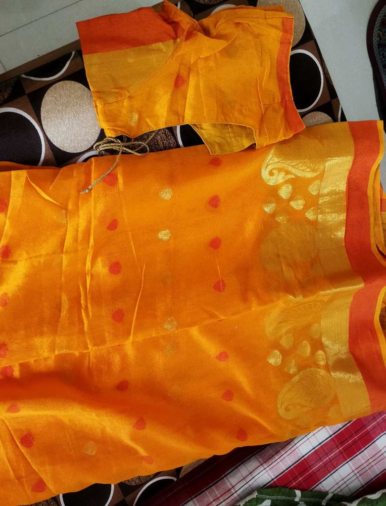 Vibrant Orange Cotton Saree with Blouse