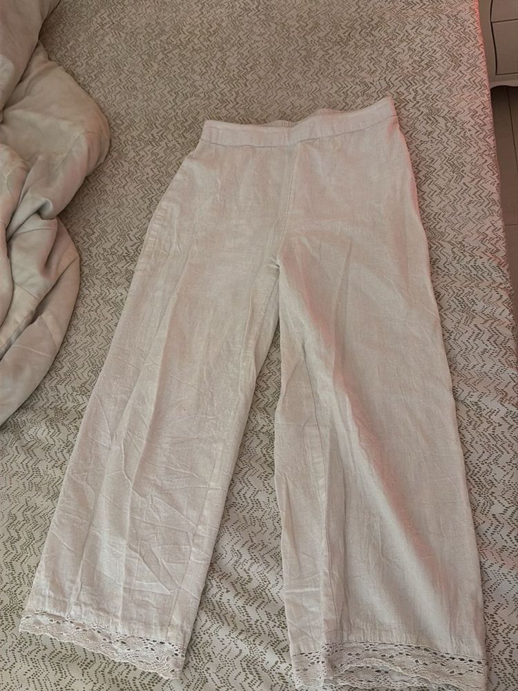 Linen Palazzo Pants with Lace Trim