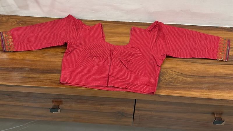 Red Striped Blouse with Embellished Sleeves