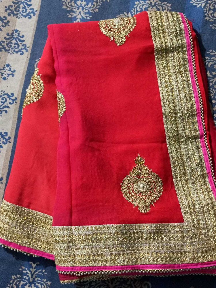 Red &amp; Gold Embellished Saree