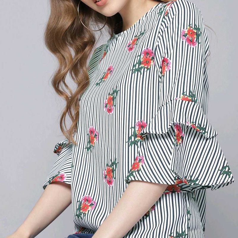 Striped Floral Bell Sleeve Top