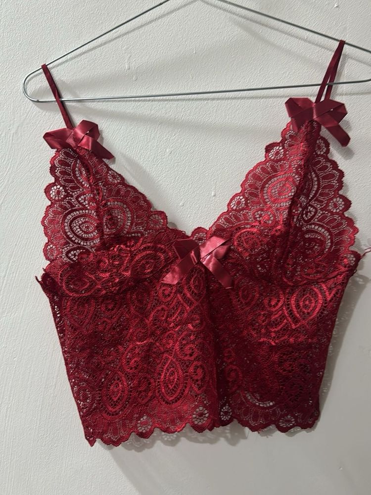 Elegant Red Lace Bralette with Bows and panty