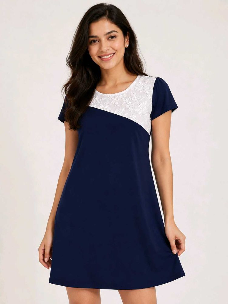 Navy Blue Dress with White Lace Accent