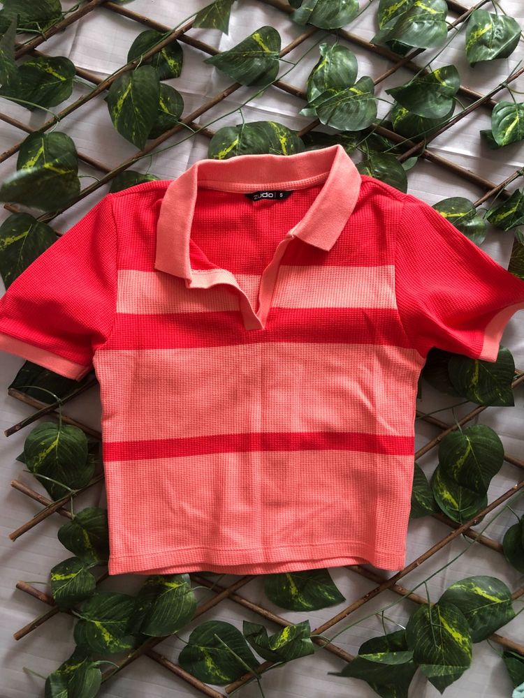 Striped Polo Collar Crop Top