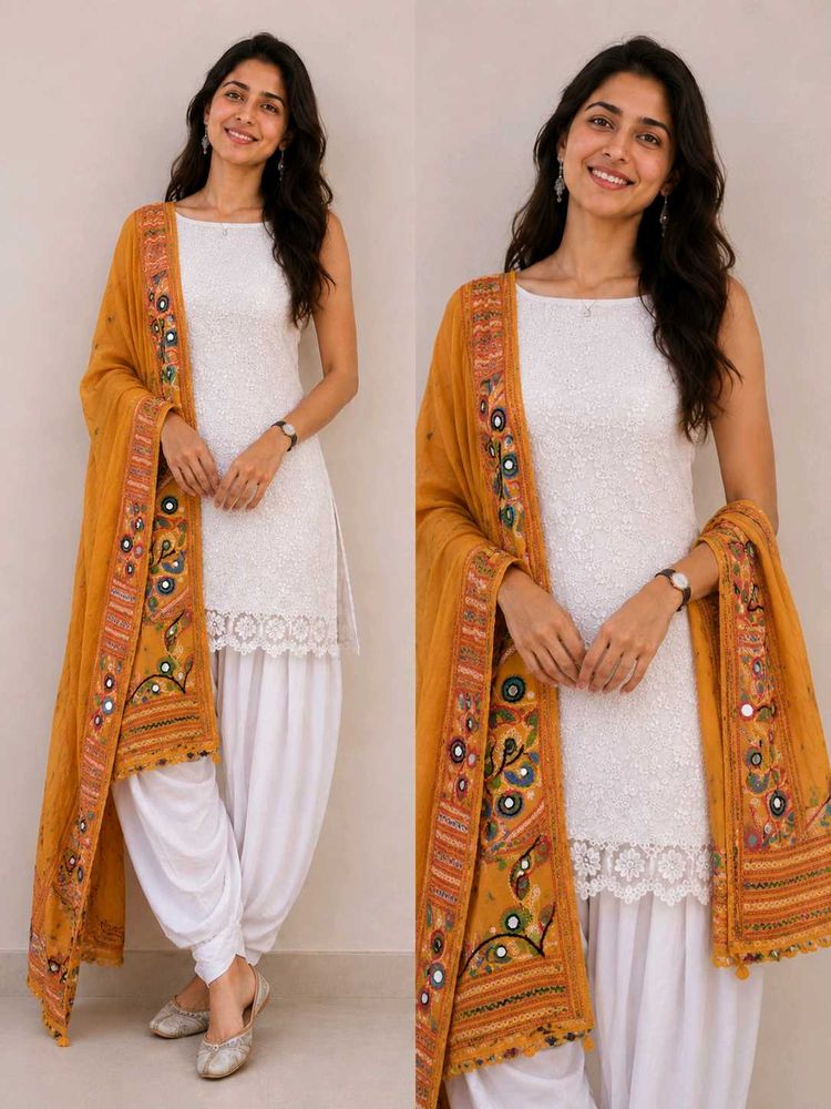 Elegant White Lace Kurta with Dhoti Pants