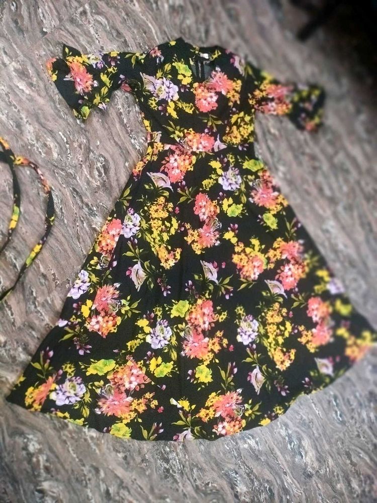 Black Floral Print Midi Dress