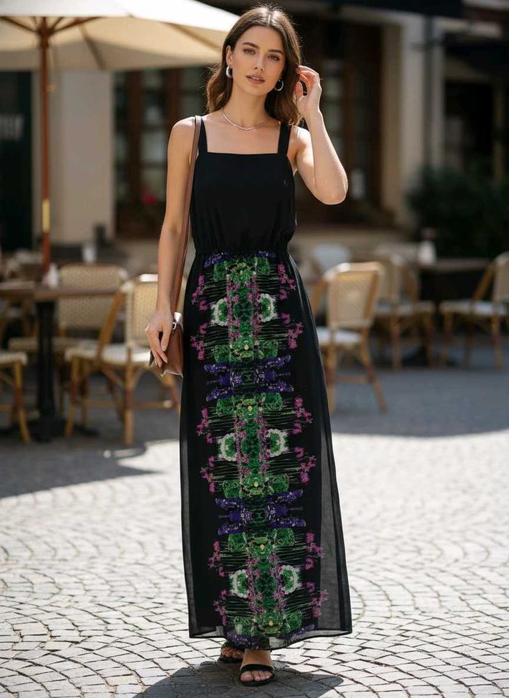 Black Maxi Dress with Boho Print