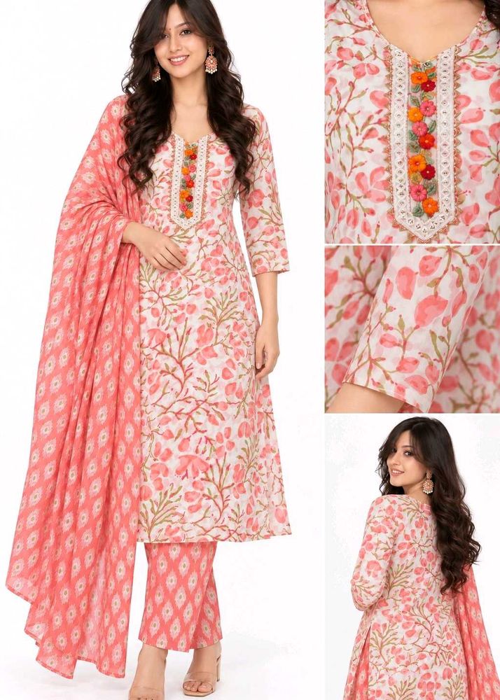 Chic Floral Print Kurta Set with Dupatta(unstitche
