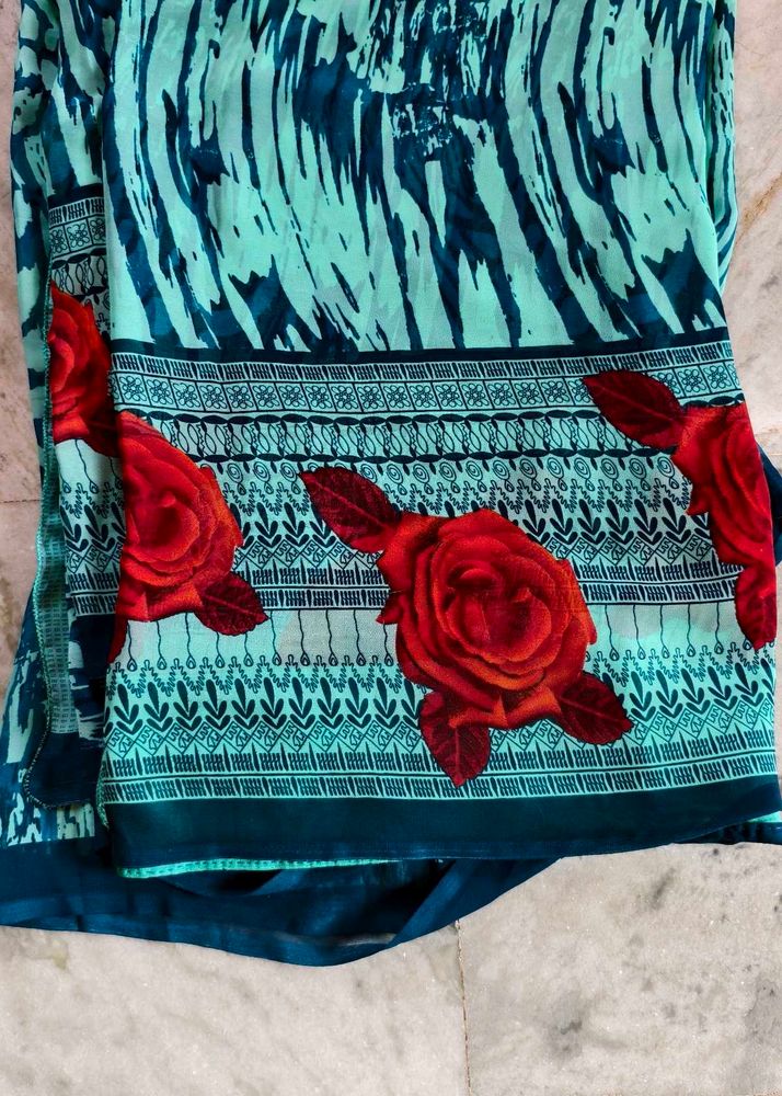 Beautiful Teal &amp; Red Rose Print Saree
