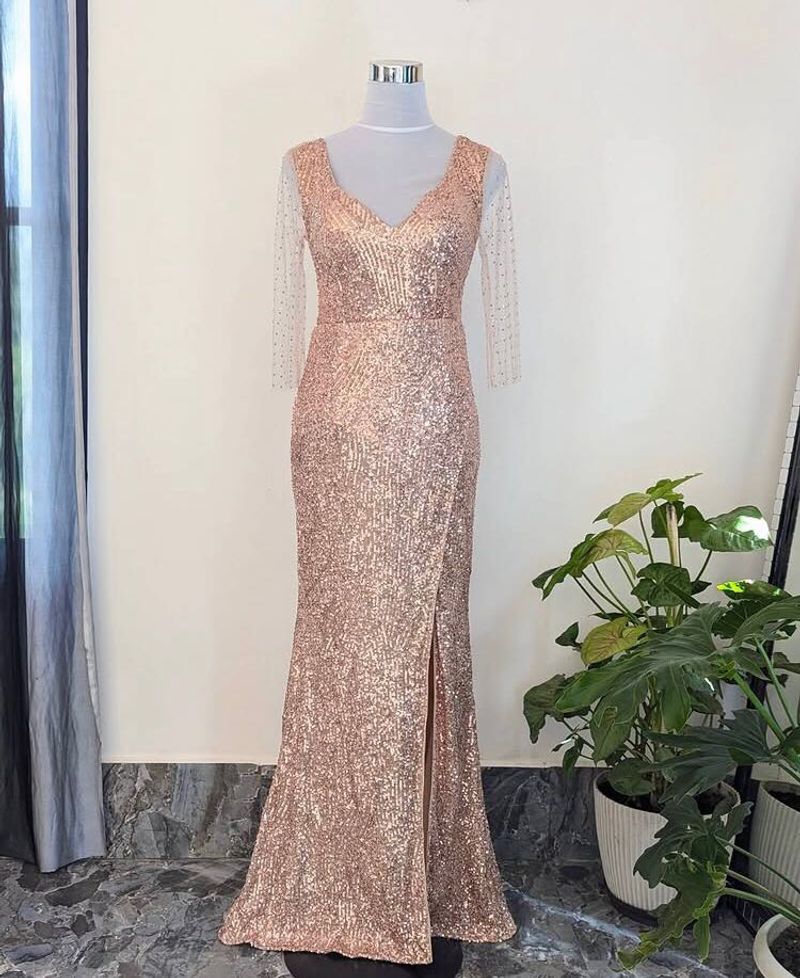 Rose Gold Sequin Gown with Sheer Sleeves