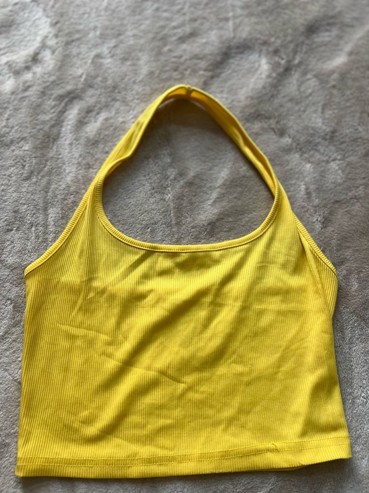 Yellow Ribbed Halter Crop Top
