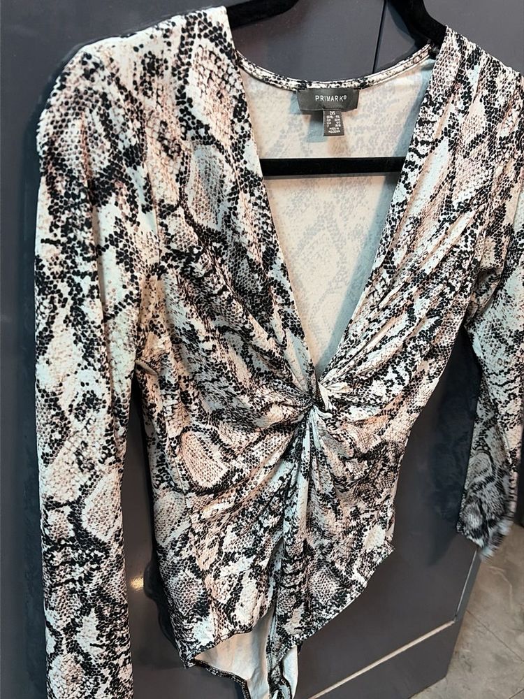 Snake Print Twist Front Long Sleeve Bodysuit