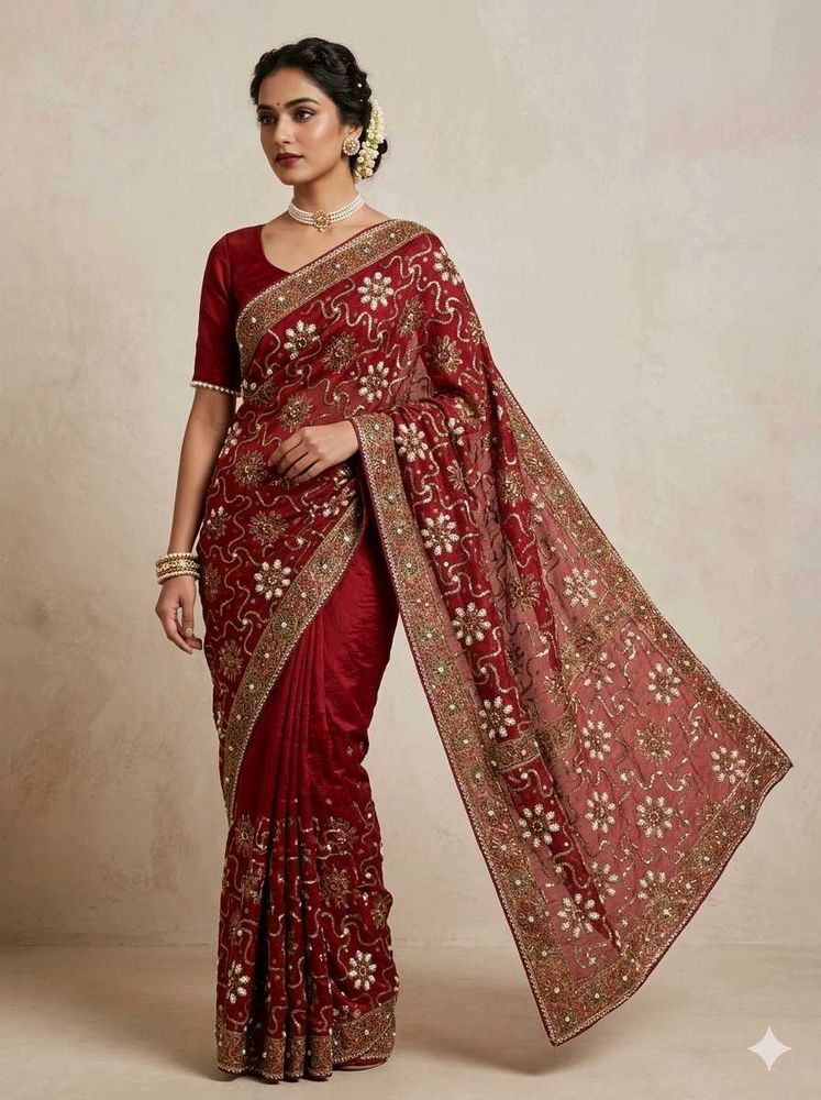 stunning pearl work saree