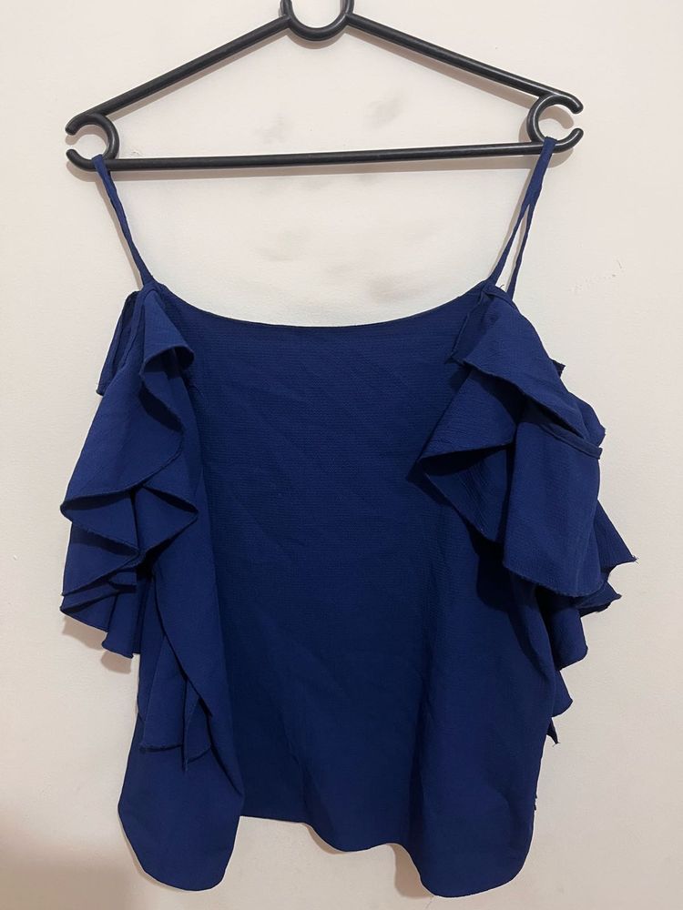 Blue Ruffle Detail Top ( Cold Shoulder )