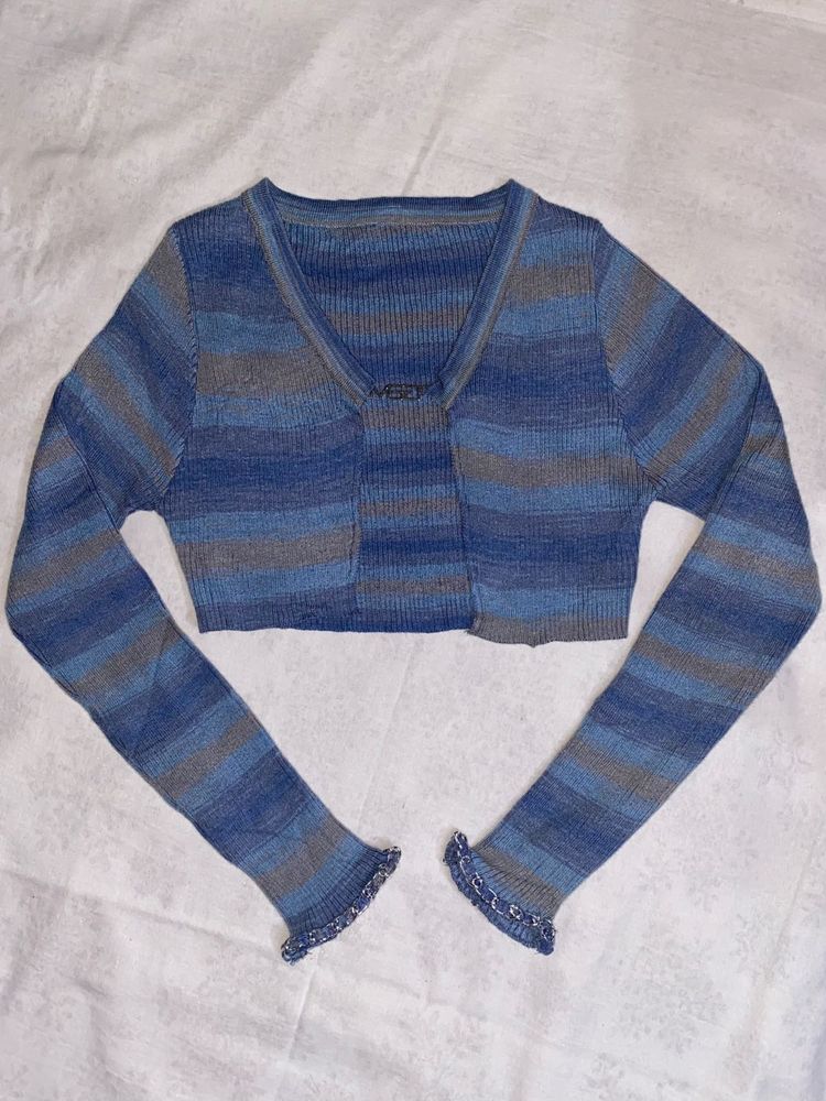 Blue Striped Cropped Cardigan
