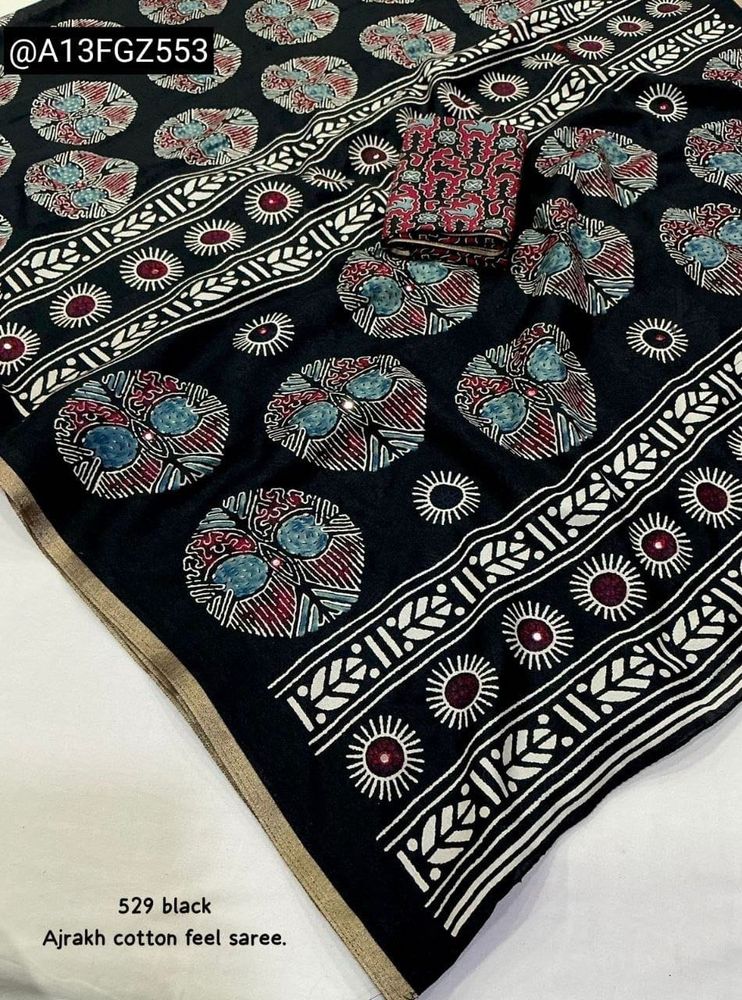 Ajrakh Cotton Feel Black Saree