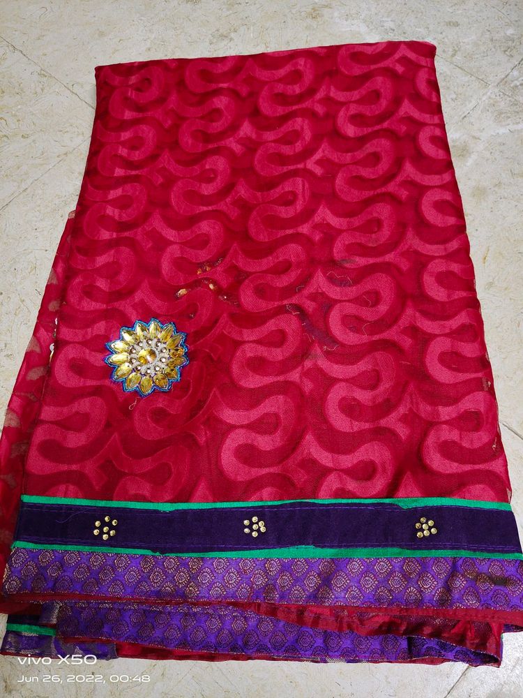 Partywear red cotton brasso saree