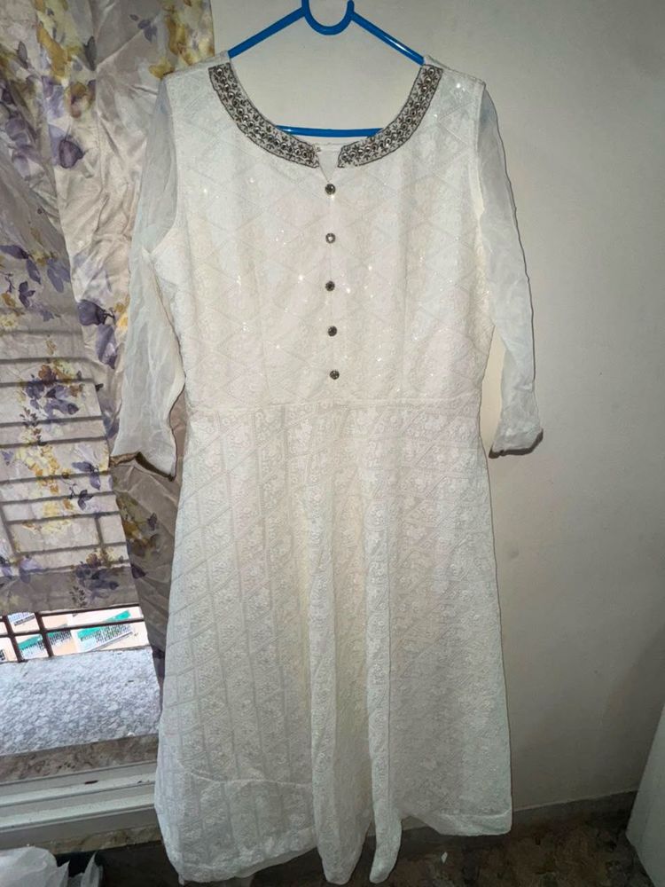 new white chikankari sequence work gown