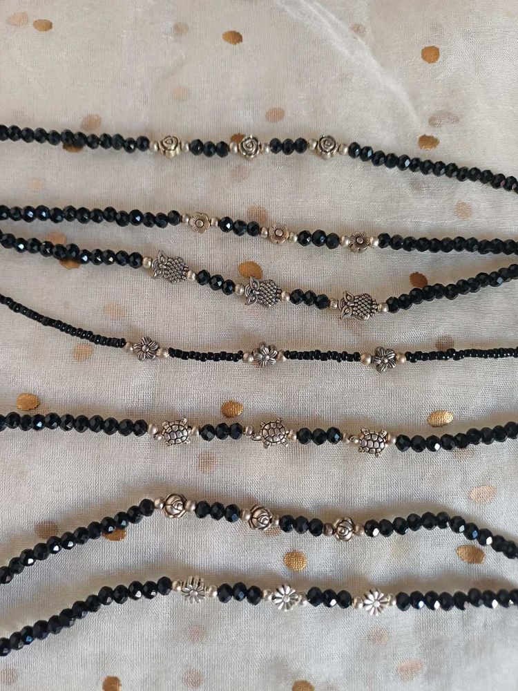 Black Beaded Anklets - 7 pieces