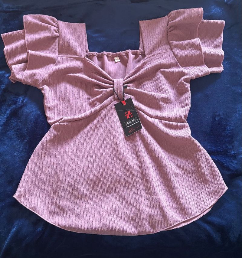 Peach Ruched Top with Ruffle Sleeves
